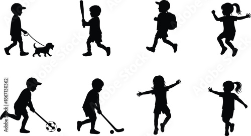 Children silhouette vector illustration, walking dog, playing sports, dancing, backpack, soccer, hockey, active kids, outdoor activities, black isolated design