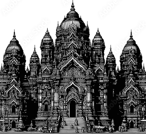 Intricate Black And White Architectural Silhouette Of A Large Temple Complex With Many Spires And Towers Against A White Background