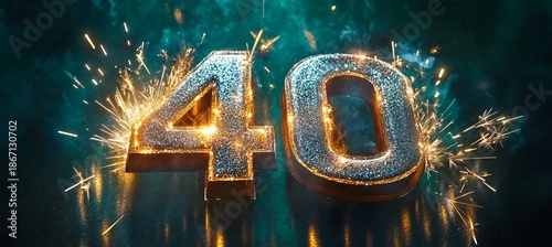 Vibrant Silver Number Fourty Surrounded by Colorful Fireworks on a Reflective Aqua Green Background