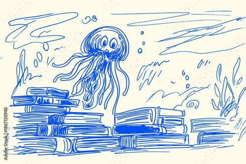Underwater Library with Jellyfish and Books