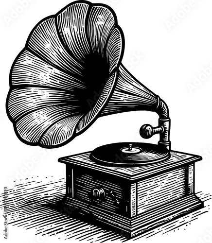 Vintage Gramophone With Large Horn And Wooden Base Detailed Black And White Illustration