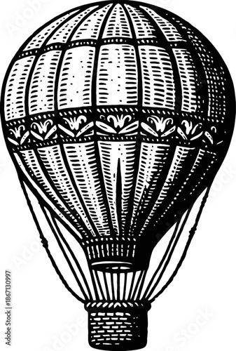 Vintage Hot Air Balloon Illustration With Wicker Basket And Decorative Band