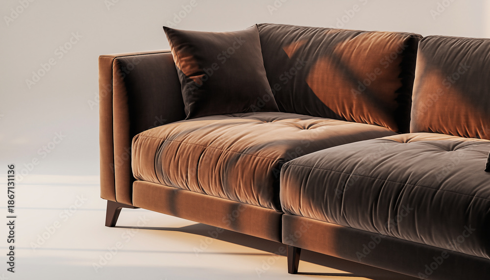 Fototapeta premium Minimalist round marble coffee table with a metallic base, bathed in natural light and shadow, set against a modern interior backdrop with subtle vertical elements.
