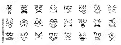 Cartoon doodle face expression. Happy, sad and angry characters emotions. Emotional comic face with eyes, mouths, tongue and teeth. Vector set.