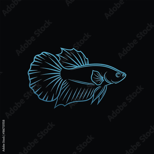 Elegant Betta Fish Line Art on Black Background.