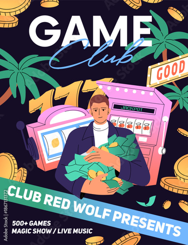 Design of playing slot machine advertising. Template of online casino event poster with player winning jackpot, money by spins. Promotion layout of bets, 777 slots, gambling. Flat vector illustration