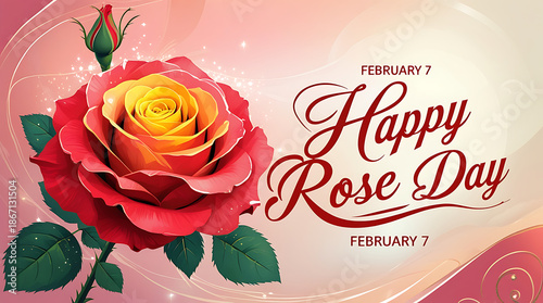  “February 7 Happy Rose Day”, is rendered in a bold, decorative script that sweeps across the center. The overall composition emphasizes a romantic floral design, with soft beige-pink hues and a rose.