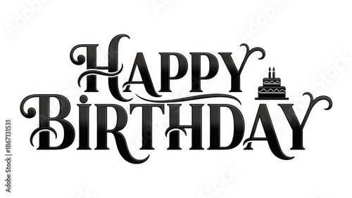 Happy birthday greeting with cake and decorative text on transparent background