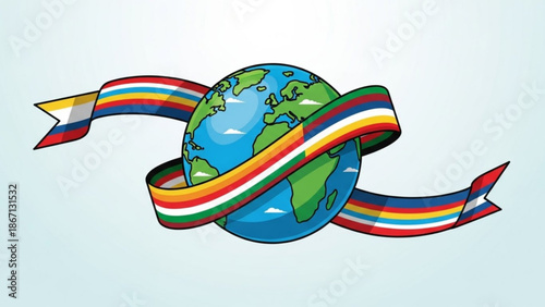 Earth globe wrapped in colorful ribbon with flag elements symbolizing global unity and international cooperation vector illustration