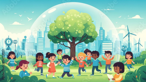Diverse children playing in a green city under a protective dome symbolizing environmental awareness and sustainability for future generations