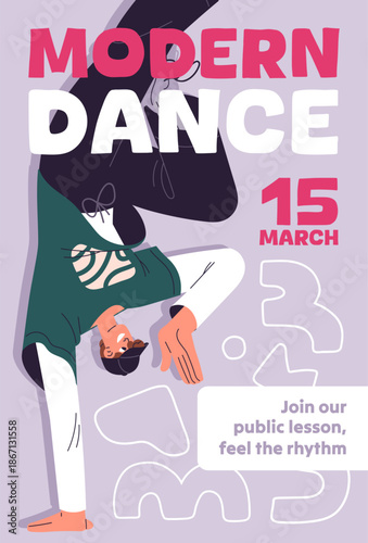 Modern dance class event poster design. Advertising template of breakdancing and hip hop school. Promotion layout with dancer is in handstand upside down, moves with music. Flat vector illustration