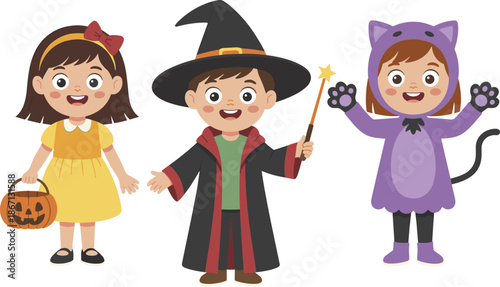 Children in Halloween costumes, wizard with wand, girl in yellow dress, purple cat outfit, festive trick or treat, autumn celebration