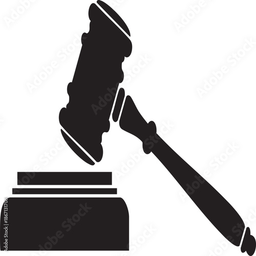 A black silhouette of a judge's gavel resting on a sound block on a white background with law and court and justice and legal and judiciary and authority