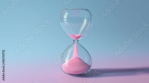 Glass hourglass with pink heart-shaped sand flowing down on pastel blue and pink background