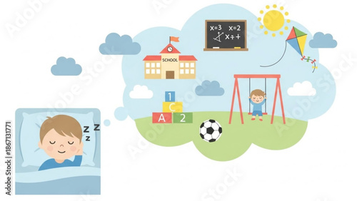 Child dreaming of school playground and outdoor activities illustration of childhood imagination and learning isolated on white