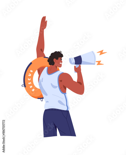 Lifeguard with loudspeaker is warning, shouts to people. Beach rescuer with lifebuoy yells at swimming for buoys characters by megaphone. Rescue on water. Flat isolated vector illustration on white