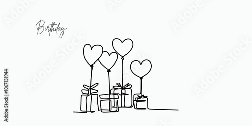 Minimalist Continuous Line Art of Birthday Gifts with Heart Shaped Balloons