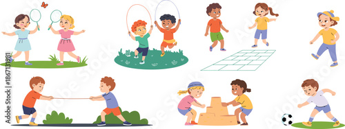 children outdoor activities, kids playing games, teamwork fun, badminton match, jump rope, hopscotch play, running race, tug of war, sandcastle building, soccer game