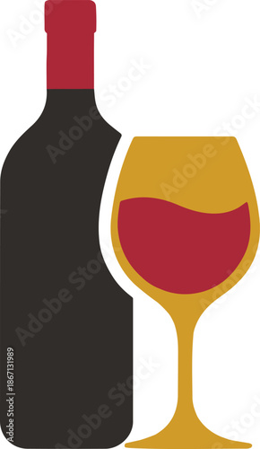 A classic graphic illustration of a red wine bottle paired with a glass of rich red wine.