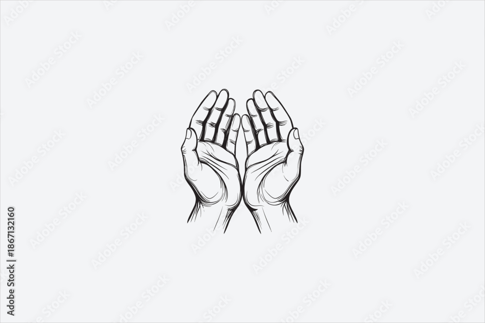 Fototapeta premium Praying hands line art illustration, black and white outline, religious faith concept, prayer, worship, hope, charity, spiritual symbol, minimalist hand drawing. Vector illustration.