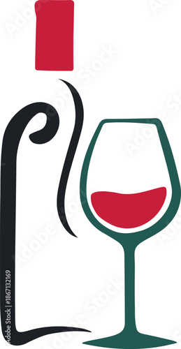 A minimalist illustration of a wine bottle and a glass filled with red wine