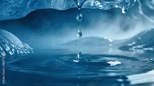 A close-up of a single drop of water falling from melting ice into a pool of water