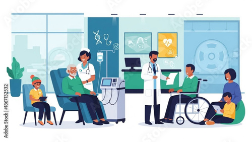 A doctor and nurse attend to patients in a hospital setting with family members by their side in a clinical waiting room environment with care