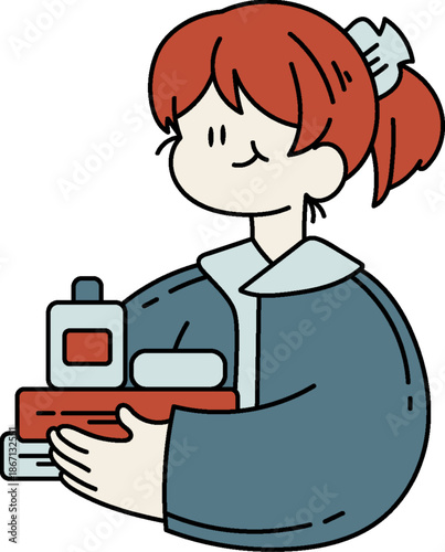 Friendly cartoon girl holding tray with drinks