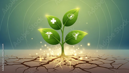 A small green plant with medical symbols on its leaves growing out of dry cracked earth with a glowing effect around it with health with growth