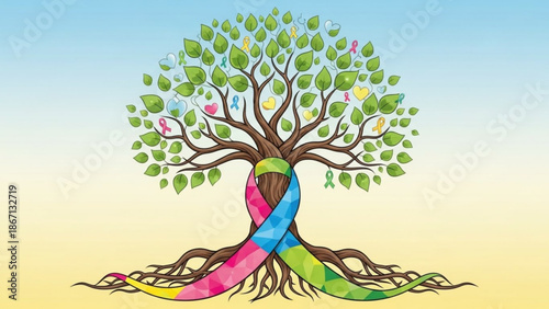 A tree with colorful ribbons wrapped around its trunk and roots symbolizing support and awareness for various causes set with solidarity