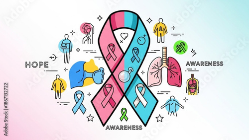Colorful awareness ribbons and icons represent hope and health advocacy campaigns with multiple organ illustrations and awareness with support