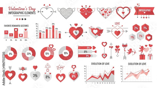 Valentine's day infographic elements with hearts and statistics on love and romance with Valentine s Day and romantic gestures with graphs