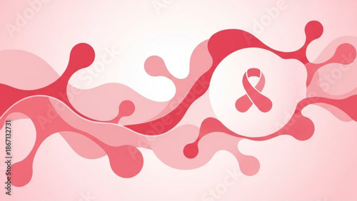 Vibrant pink ribbon symbol amidst flowing abstract shapes on white background for breast cancer awareness campaigns and health with health theme