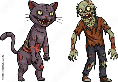 Cartoon zombie cat and humanoid zombie illustration, creepy undead artwork, scary horror design, spooky Halloween drawing, monster character concept, eerie fantasy
