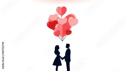 A romantic couple holding hands under a cluster of heart shaped balloons on a white background with romance and love and valentines with day