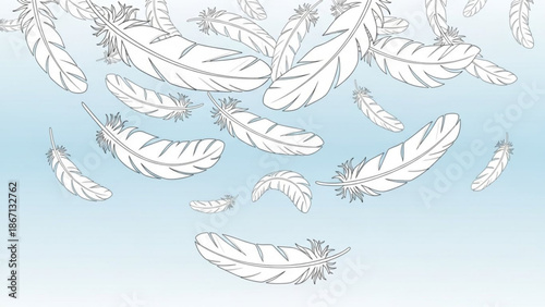 A serene illustration of white feathers floating gently against a soft blue and green gradient background with gentle and feather with calming