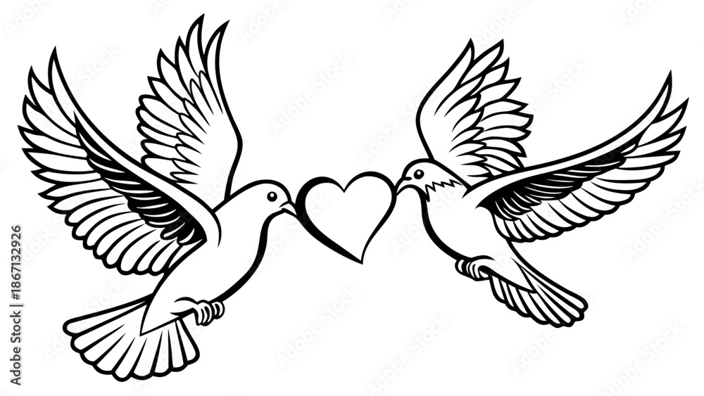 Obraz premium Black and white vector illustration of two doves facing each other with beaks touching a heart, symbolizing love, romance, and unity.