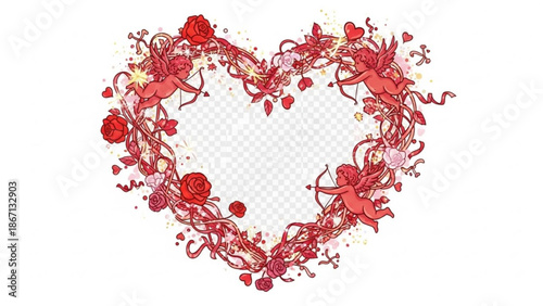 A heart shaped wreath made of red roses and cherubs on a transparent background for valentine's day or love themed designs with valentine s day
