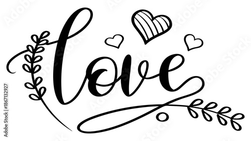 Black and white illustration featuring the word love surrounded by flowers and heart shapes in a whimsical, hand drawn style, suitable for decorative and romantic themes.