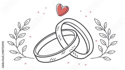 Stylized illustration showing two overlapping wedding rings beneath a heart, framed by leafy branches and small decorative dots, suitable for romantic and ceremonial themes.