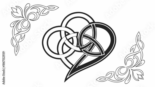 Vector illustration of a decorative heart featuring an intricate Celtic knot pattern with symmetrical ornamental flourishes on both sides, suitable for symbolic and decorative themes.