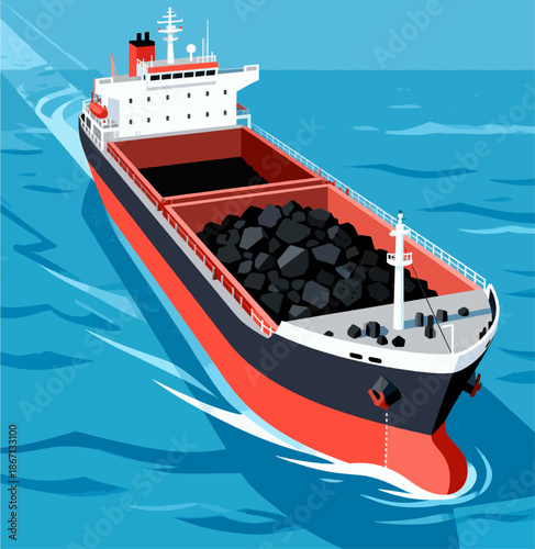 Flat Vector Coal Cargo Ship Sailing at Sea with Open Hold Full of Black Coal Rocks, Side View Red Funnel White Superstructure Blue Ocean Waves Illustration