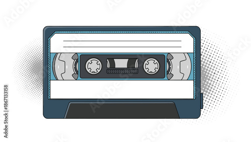 Retro audio cassette tape illustration with a stylish halftone background effect for vintage music and nostalgia themed designs.