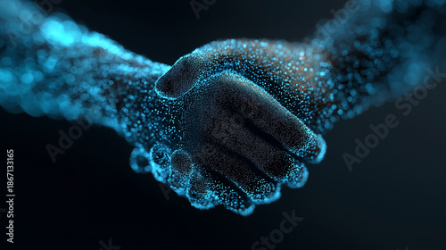Digital Futuristic Handshake Made of Glowing Particles, Symbol of Trust, Partnership, Artificial Intelligence, Blockchain Technology and Virtual Human Connection