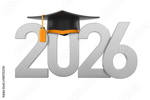 2026 year and graduation cap on white background. Isolated 3D illustration
