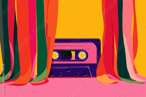 Colorful Retro Cassette Tape with Streamers Background