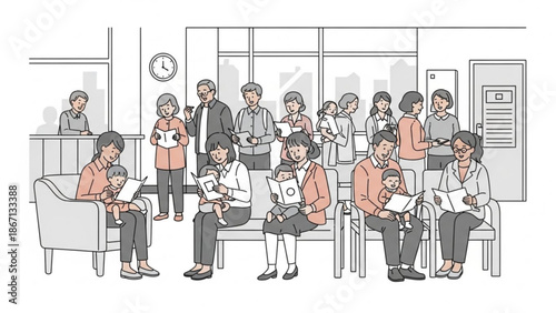 Diverse group of people waiting in a doctors office reception area illustration for healthcare and medical concepts calm and orderly scene