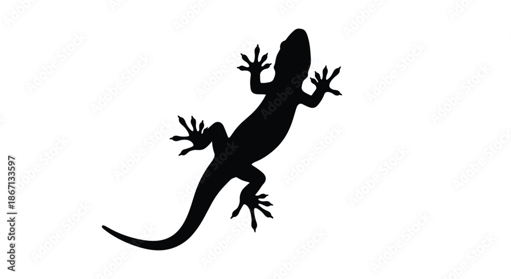 Obraz premium Black silhouette of a lizard or gecko on a white background, highlighting its unique body shape, legs, and long tail.