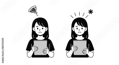 Two identical women looking at their digital tablets with confused and surprised expressions, illustrating reactions to online news.