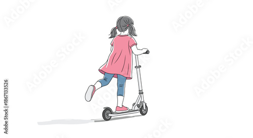 Little girl with pigtails riding a kick scooter from behind, representing childhood fun, outdoor activity, and active play.